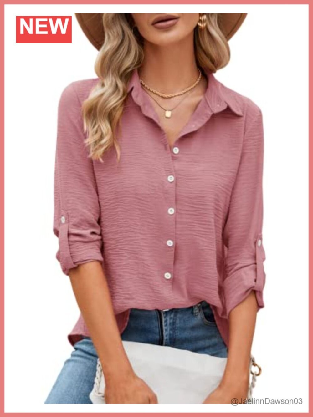 Womens Button Down Shirt 3/4 Sleeve Relaxed Fit Business Casual Blouse